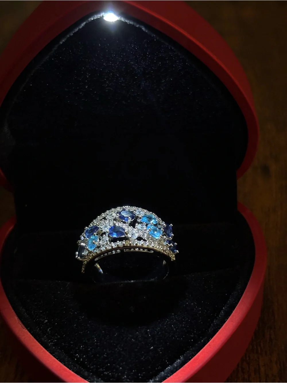 Silver Band Ring with Blue Gemstones and Clear Accents